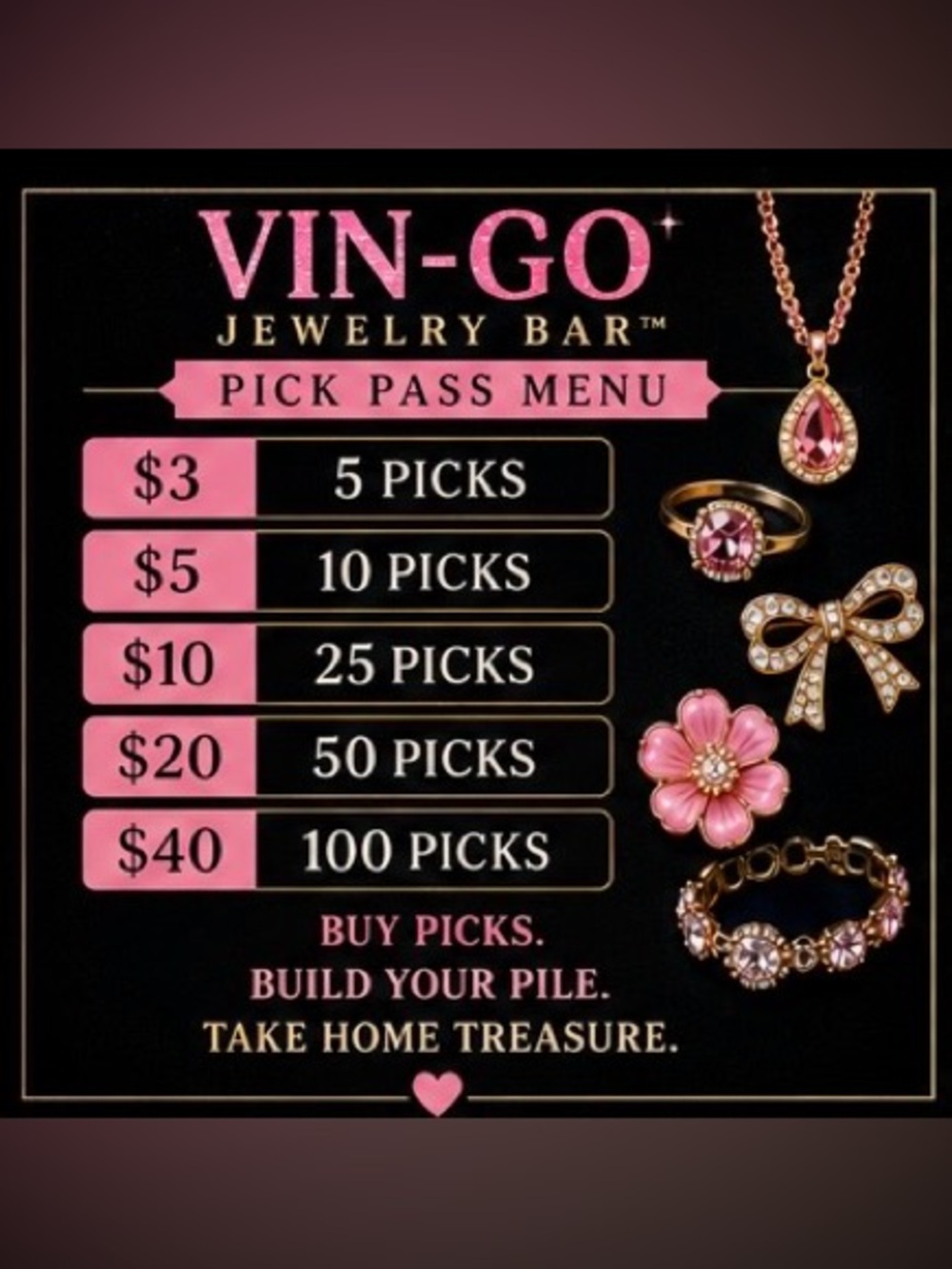VIN-GO Jewelry Bar™ | Pick Passes Starting at $3 | Build Your Jewelry Pile